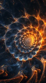 Fiery spiral fractal pattern in dark abstract space.