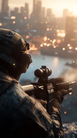 Soldier holds rifle overlooking blurred city at sunset