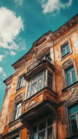 Weathered historic facade with balconies under blue sky.