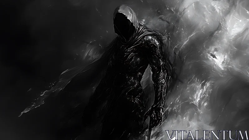 Shadow-cloaked wanderer emerges calmly from swirling darkness