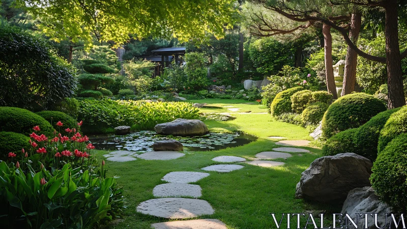 Sunlit koi-less pond path in a quietly enchanted garden scene.