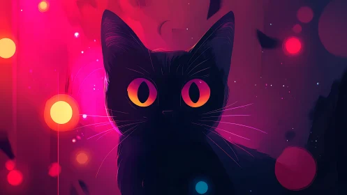 Neon Cat with Glowing Eyes in Cyberpunk Environment.