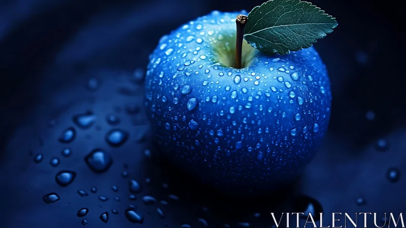 Iridescent blue apple with dewdrops on midnight surface.