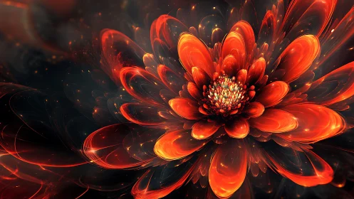 Radial fractal chrysanthemum renders layered translucent petals in fire tones