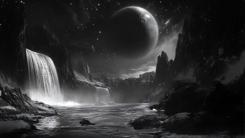 Monochrome alien waterfalls under looming fractured moon