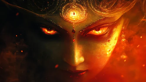 Ember-eyed goddess rising from molten twilight glare.