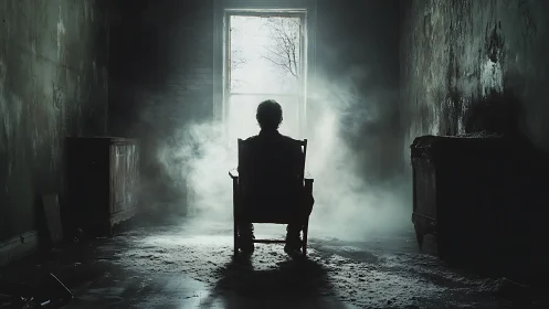 Solitary figure in decayed room facing bright window.