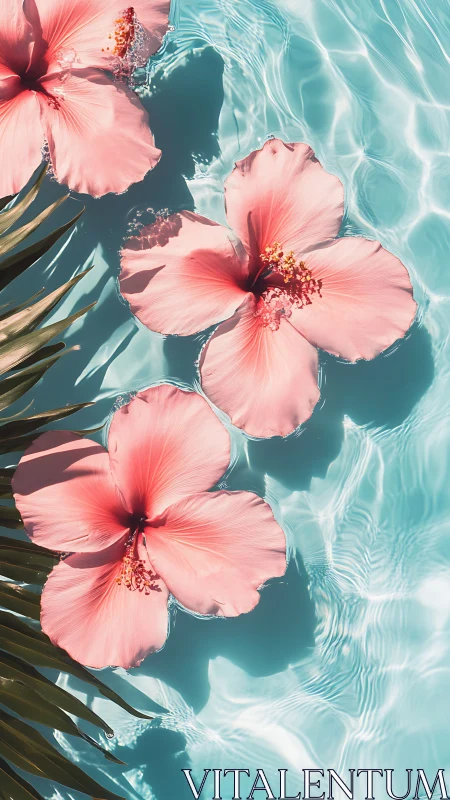 Pink Hibiscus Flowers Floating in Turquoise Water.