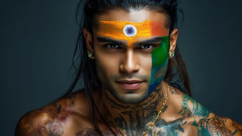 Tattooed man with painted Indian flag in hyperreal portrait