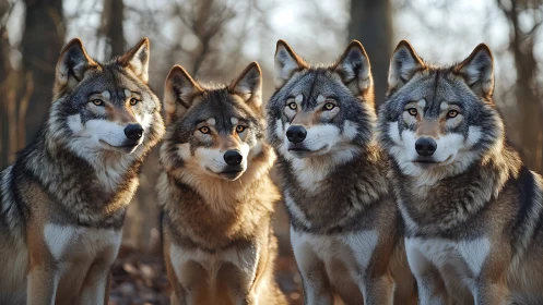 Four alert gray wolves standing in a quiet forest setting.