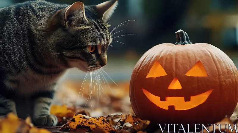 Tabby Cat Examining Glowing Jack-O'-Lantern Pumpkin