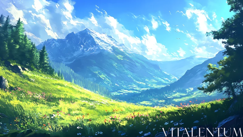 Sunlit valley meadow dreaming beneath blue alpine giants.