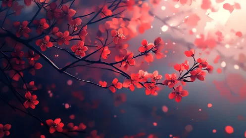 Red flowering branches with bokeh light particles against gradient background.