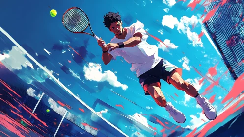 Dynamic tennis player strikes forehand under vivid blue sky