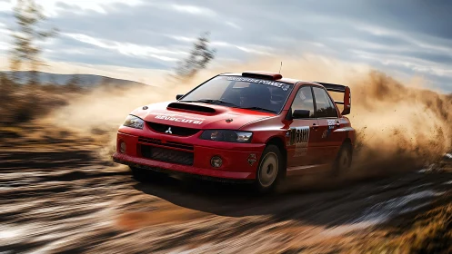 Red rally car carving through muddy countryside curves.