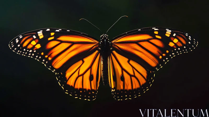 Monarch butterfly wings glowing against dark background.