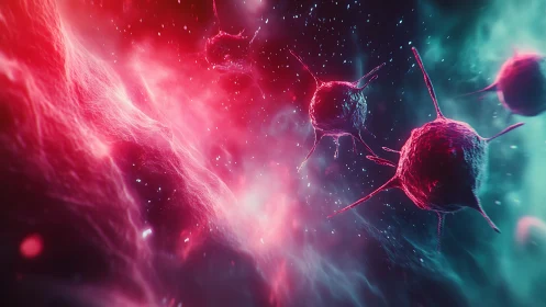 Spiked microscopic cells drift through glowing fluid space