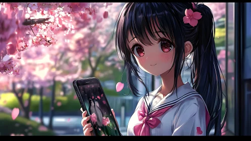 Springtime schoolgirl portrait under luminous cherry blossoms.