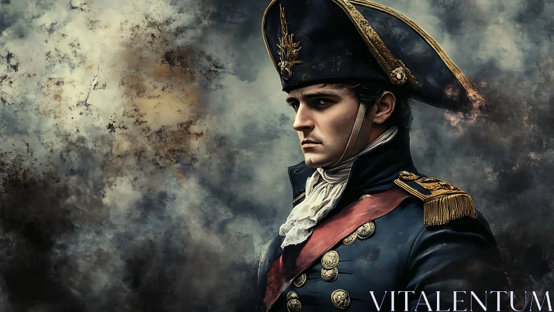 Napoleonic officer portrait amid smoky battlefield haze.