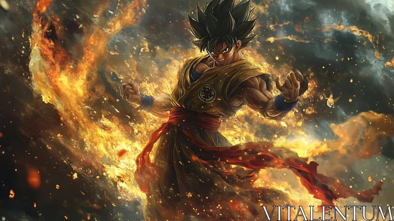 Powerful anime warrior surrounded by swirling firestorm.