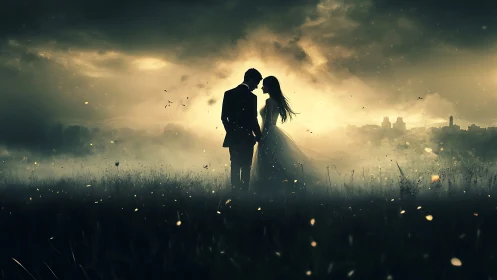 Couple embraced in glowing field at twilight.