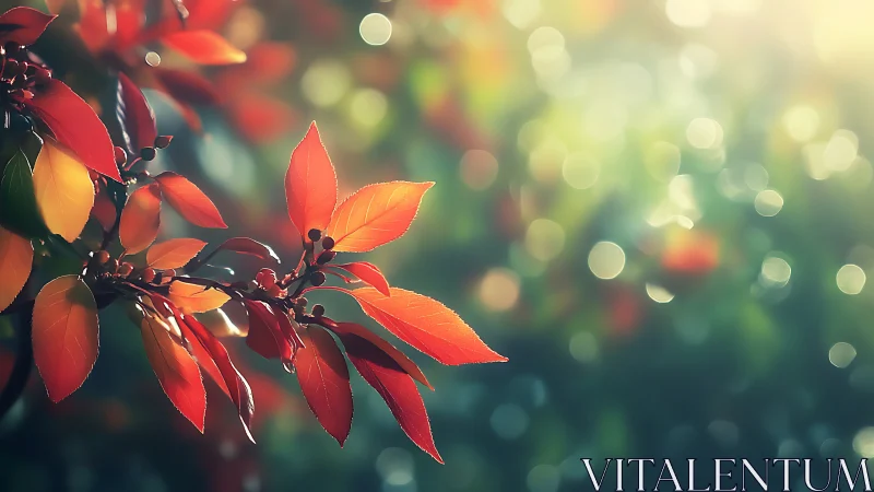 Sunlit scarlet leaves drift into a dreamy green haze