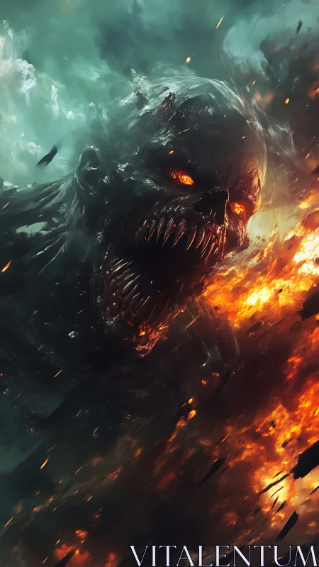 Demonic fiery creature emerging from smoke and flames.