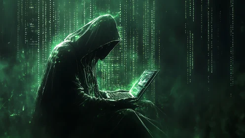 Hooded cyber figure at laptop in green digital code field.