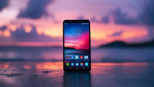Android smartphone positioned on beach at sunset.
