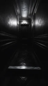 Narrow dark corridor terminates at closed paneled door