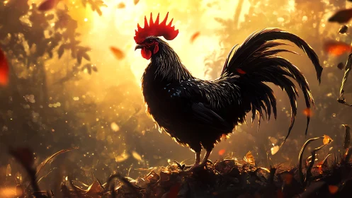 Black Rooster with Brilliant Red Comb in Golden Atmospheric Illumination