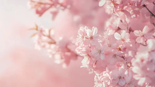 Blush storm of cherry blossoms drifting in soft daylight.