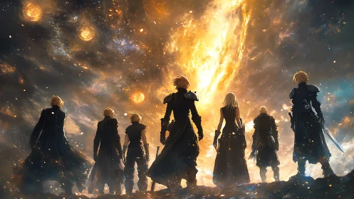 Group of figures facing luminous cosmic vortex in sky.