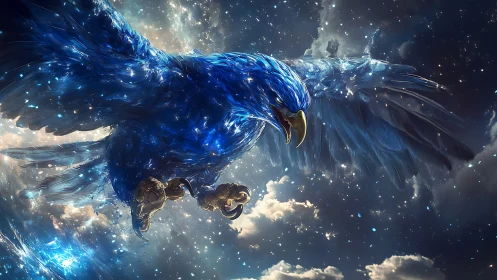 Majestic blue eagle soaring through cosmic night sky, digital art.