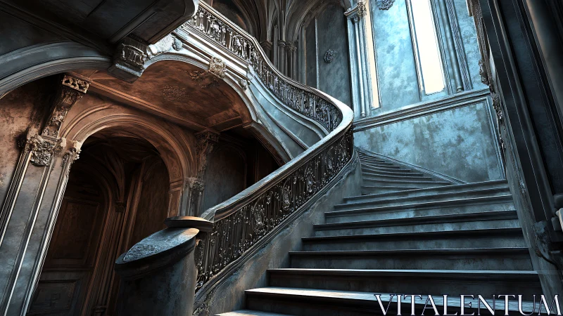 Grand curved staircase in ornate, weathered interior space.