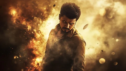 Brooding action hero emerges from blazing golden chaos