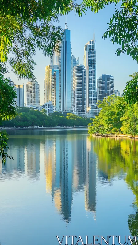 Serene city skyline mirrored in tranquil lakeside waters.