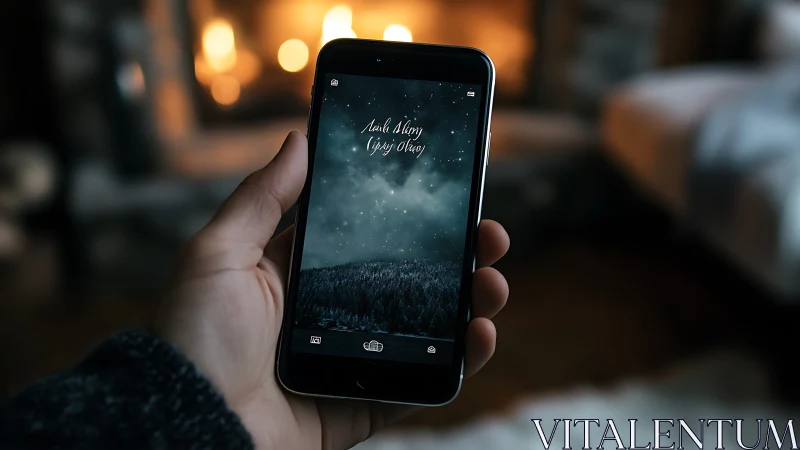 Hand holds smartphone showing winter night forest lockscreen.