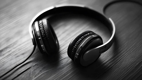 Monochrome studio close-up of over-ear headphones on wood.