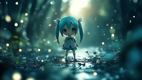 Small stylized figure stands in shallow forest water at dusk