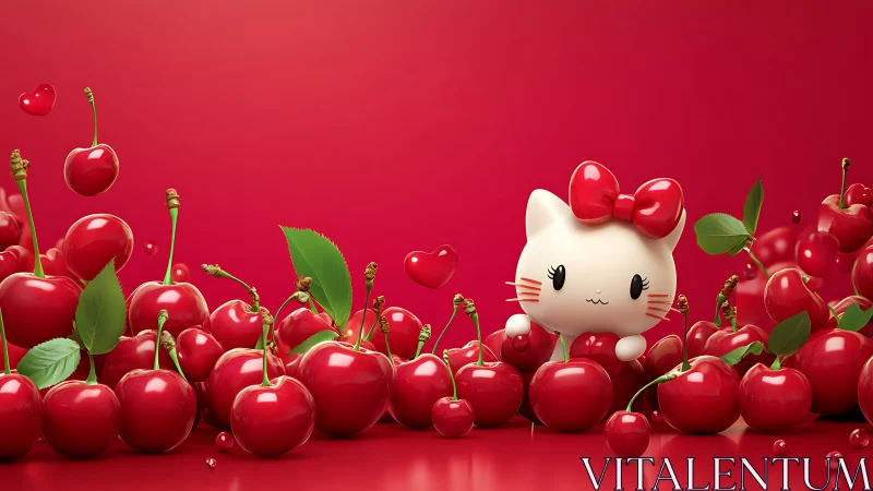 Anthropomorphic Feline Character Surrounded by Lustrous Cherries.
