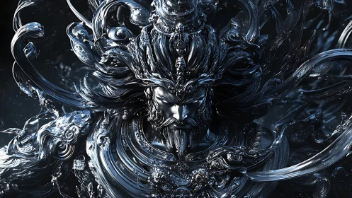 Mythic chrome warlord emerges in swirling metallic storm