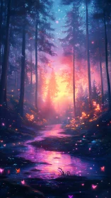 Enchanted forest stream glows under radiant twilight sky