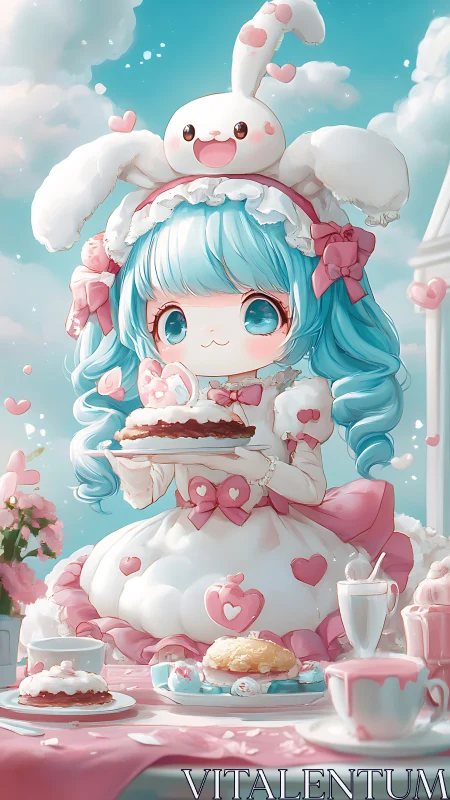 Sweet pastel tea party girl shares cakes with a bunny friend