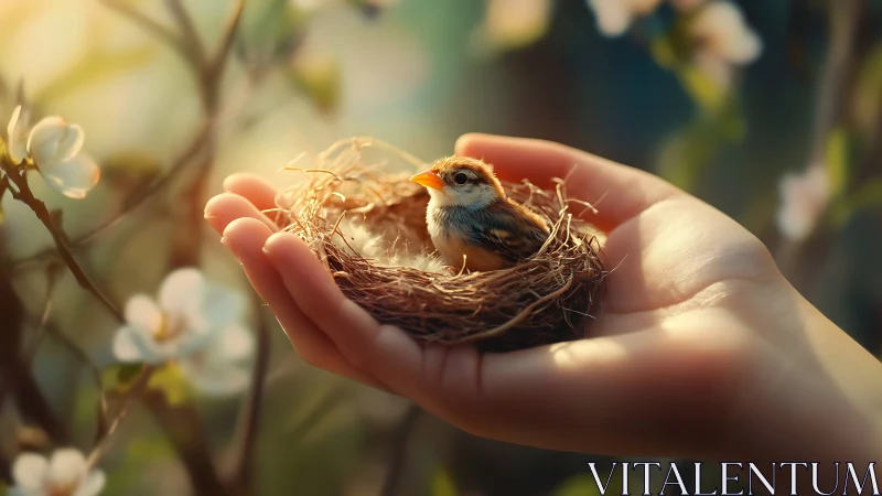 Young bird in cradle nest cupped by gentle human hands.
