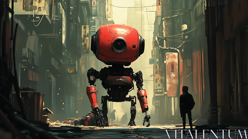 Red bipedal reconnaissance mech in hazy dystopian alleyway.