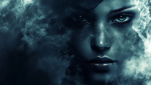 Ethereal female face emerges through swirling teal smoke.