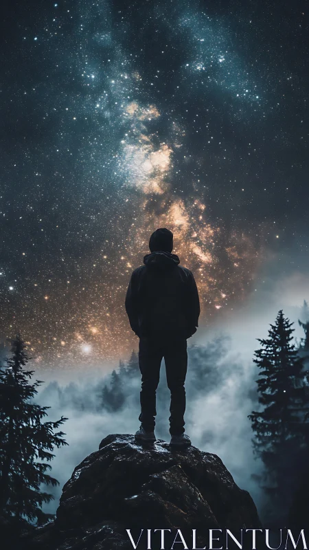 Silhouetted hiker stands beneath dense milky way night sky