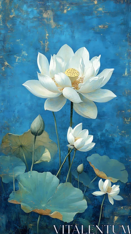 White lotus blossoms against textured cerulean ground.