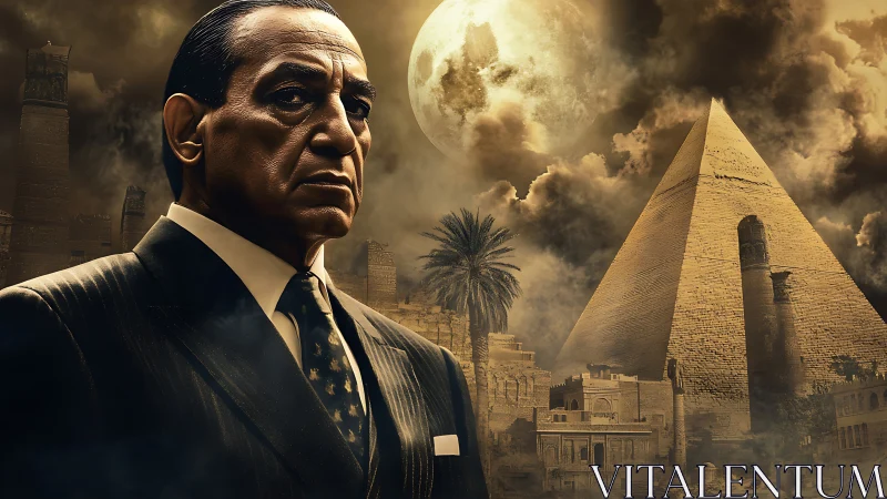 Stern suited man before Egyptian pyramid at night.